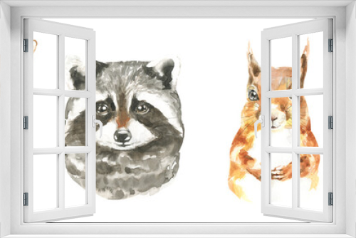 Fototapeta Naklejka Na Ścianę Okno 3D - Watercolor woodland boho animal set of forest isolated cute deer,racoon,squirrel,bird illustration.Baby animals with flower frame and color splashes. Nursery animal portrait for baby shower, greeting
