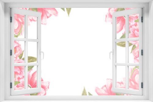 Fototapeta Naklejka Na Ścianę Okno 3D - Handdrawn Watercolor red and cream peony flowers frame with green leaves and buds on the white background. Scrapbook design, wedding invitation, label, banner, post card.