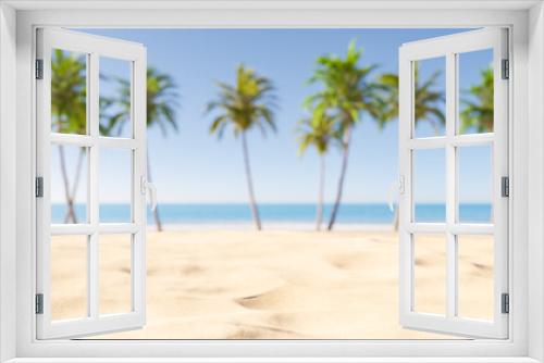 Fototapeta Naklejka Na Ścianę Okno 3D - Green palm trees on sandy seashore in summer