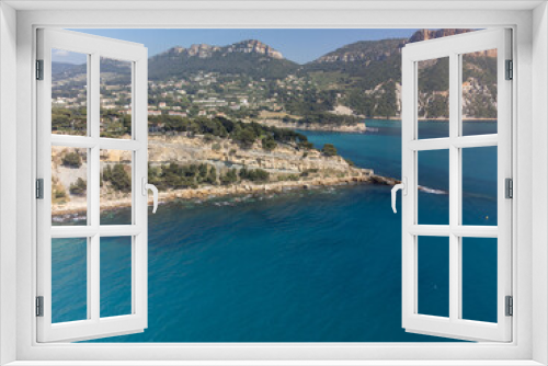 Fototapeta Naklejka Na Ścianę Okno 3D - Panoramic aerial view on cliffs, blue sea, beach, houses, streets and old fisherman's harbour with lighthouse in Cassis, Provence, France