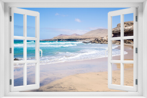 Fototapeta Naklejka Na Ścianę Okno 3D - Scenic View of Beach and Mountains on Summer Time, Playa de Garcey,Fuerteventura,Canary,Spain.