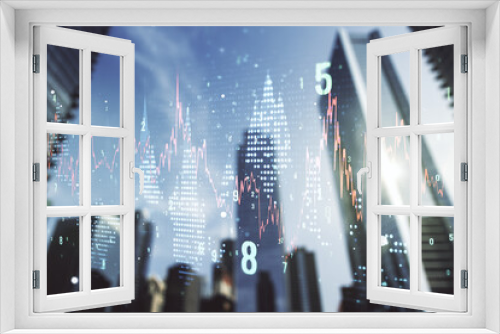 Multi exposure of abstract financial graph on office buildings background, forex and investment concept