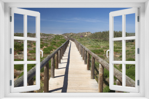 Fototapeta Naklejka Na Ścianę Okno 3D - Wooden walkway leading to Bordeira Beach, Algarve,  Portugal