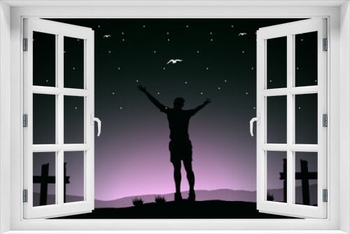 Fototapeta Naklejka Na Ścianę Okno 3D - Person standing in front of sun with arms out, silhouette of a person in the night, feeling free, feeling free