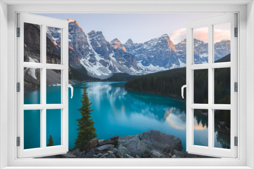Fototapeta Naklejka Na Ścianę Okno 3D - Scenic sunset or sunrise view of glacial Moraine Lake landscape, a popular tourist destination in Banff National Park, Alberta, Canada in the Rocky Mountains.