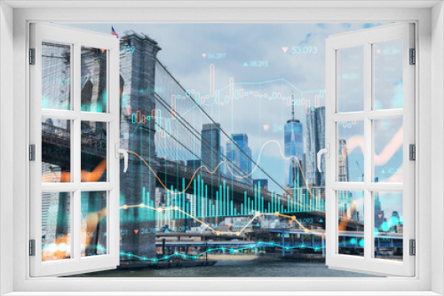 Fototapeta Naklejka Na Ścianę Okno 3D - Brooklyn bridge with New York City Manhattan, financial downtown skyline panorama at day time over East River. Forex graph hologram. The concept of internet trading, brokerage and fundamental analysis