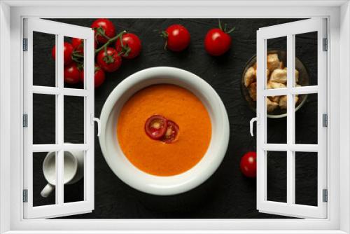 Fototapeta Naklejka Na Ścianę Okno 3D - tomato cream soup in white bowl on black desk