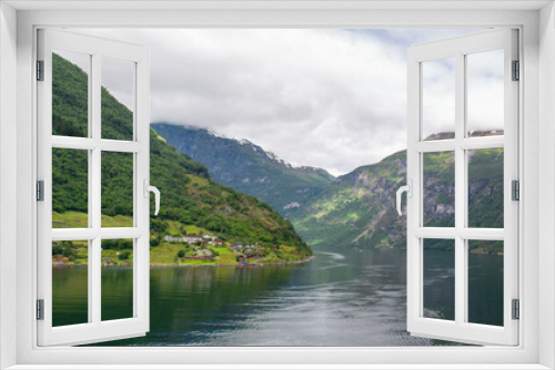 Fototapeta Naklejka Na Ścianę Okno 3D - Landscape view near Geiranger fjords near Geiranger town from harbor Møre og Romsdal at Geirangerfjorden in Norway (Norwegen, Norge or Noreg)