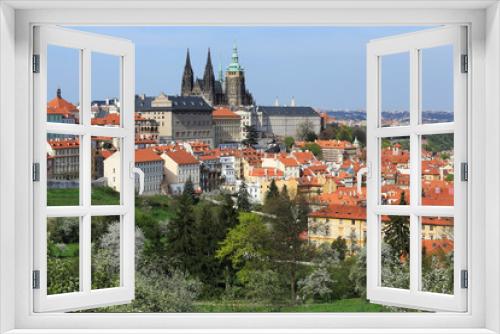 Fototapeta Naklejka Na Ścianę Okno 3D - Spring Prague gothic Castle with flowering Trees, Czech Republic