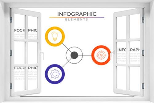 Three options connect infographic elements concept design vector with icons. Business workflow network project template for presentation and report.