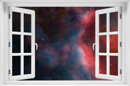 Fototapeta Naklejka Na Ścianę Okno 3D - red-violet nebula in outer space, horsehead nebula, unusual colorful nebula in a distant galaxy, red nebula 3d render
