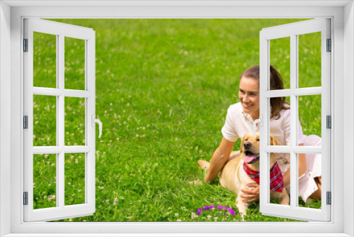 Fototapeta Naklejka Na Ścianę Okno 3D - Young woman with her cute yellow labrador outside. Lovely pet, animal love concept