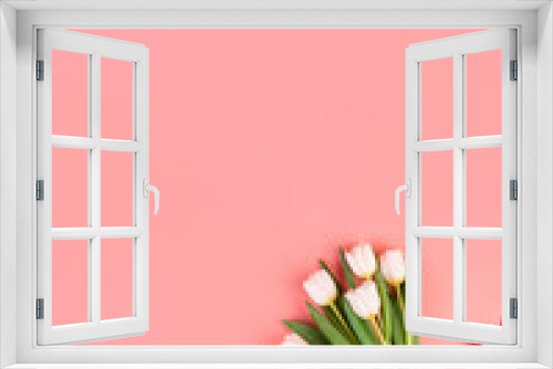 Fototapeta Naklejka Na Ścianę Okno 3D - White tulips flowers, flatlay. Beautiful bouquet of tulips on stem with leaves isolated on pastel pink background. Naturе object for design to women's day, mother's day, anniversary. Spring concept