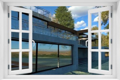 Fototapeta Naklejka Na Ścianę Okno 3D - Autumn landscape. Bright blue sky with clouds. The facade of a modern office, finished with concrete and reflective windows. Long fenced terraces. 3d render.