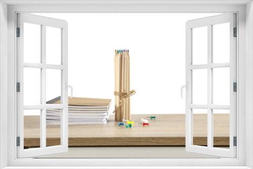 Fototapeta Naklejka Na Ścianę Okno 3D - Wooden shelf with school toole and white background. 