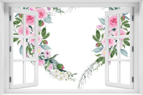 Fototapeta Naklejka Na Ścianę Okno 3D - Valentine flowers with heart shape border watercolor drawing docoration item