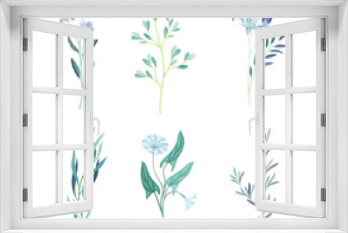 Fototapeta Naklejka Na Ścianę Okno 3D - Blue Floral Twigs with Leaf and Floret on Curved Stem as Fresh Garden Botany Vector Set