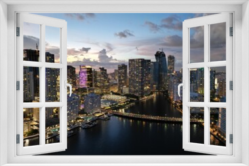 Fototapeta Naklejka Na Ścianę Okno 3D - Miami downtown skyline by drone at sunset