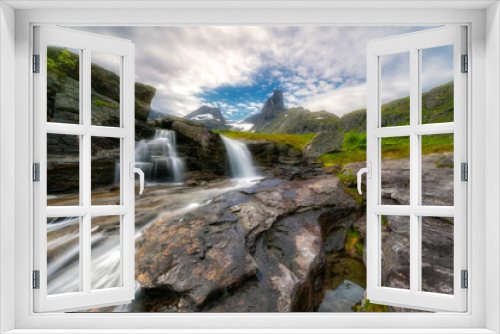 Fototapeta Naklejka Na Ścianę Okno 3D - A small mountain waterfall, Litlefjellet village, Central Norway	