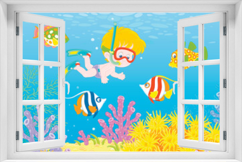 Fototapeta Naklejka Na Ścianę Okno 3D - Little boy with a diving mask, flippers and a snorkel diving with merry colorful fishes in blue water of a tropical coral reef on summer vacation, vector cartoon illustration