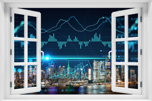 Fototapeta Naklejka Na Ścianę Okno 3D - New York City skyline from New Jersey over the Hudson River with Hudson Yards at night. Manhattan, Midtown. Forex candlestick graph hologram. The concept of internet trading, brokerage, analysis