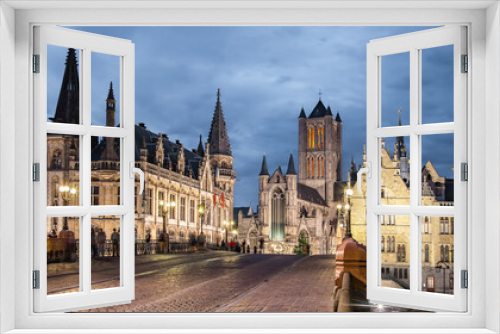 Fototapeta Naklejka Na Ścianę Okno 3D - Ghent night skyline and St Michael's Bridge, Belgium