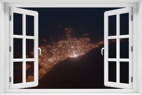 Aerial shot of Toronto (Canada) at night, view from south. Imitation of satellite view on modern city with street lights and glow effect. 3d render