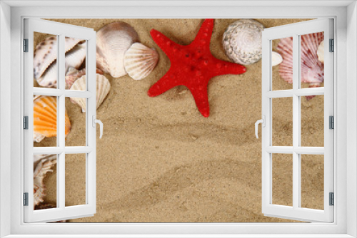 Fototapeta Naklejka Na Ścianę Okno 3D - summer sea shells in the yellow sand