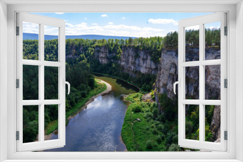 Fototapeta Naklejka Na Ścianę Okno 3D - Dry waterfalls. mountains and river view from above. Prytes river Ai. Satka city, Chelyabinsk region