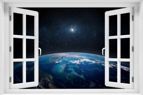 Fototapeta Naklejka Na Ścianę Okno 3D - Panoramic view of the Earth and star. Sunrise over planet Earth, view from space. Elements of this image furnished by NASA