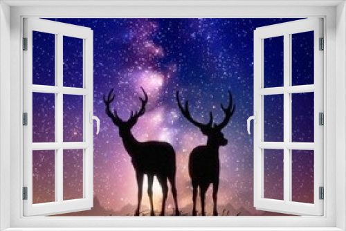 Fototapeta Naklejka Na Ścianę Okno 3D - Deer family on hill. Animal silhouettes. Night starry sky, Milky Way