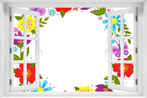 Fototapeta Naklejka Na Ścianę Okno 3D - Flower frame with bright flowers and green leaves on a white background. Round frame for wedding photos, invitations, greetings, background for memorable dates. Vector stock illustration.