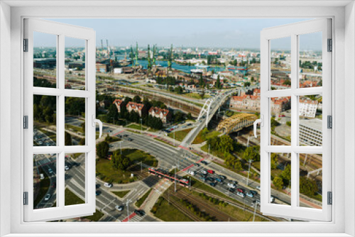 Fototapeta Naklejka Na Ścianę Okno 3D - Cranes in Gdansk Shipyard Aerial View. Motlawa River Industrial Part of the City Gdansk, Poland. Europe. 