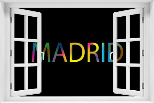 Rainbow filled text spelling out Madrid with a black background 