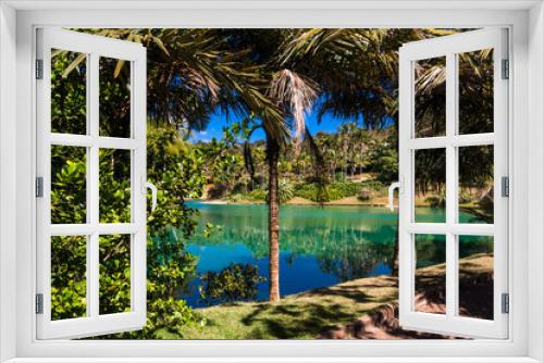 Fototapeta Naklejka Na Ścianę Okno 3D - View of the Inhotim Park with the lake and palm trees  at Brumadinho, State of Minas Gerais, Brazil.