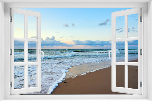 Fototapeta Naklejka Na Ścianę Okno 3D - Sea sand beach landscape. Seascape background. Sunset sky over ocean water surface with calm waves, Summer mood and vacation travel holiday