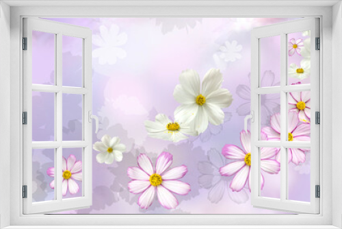Fototapeta Naklejka Na Ścianę Okno 3D - Invitation card with white cosmos flowers with chrysantemum on the light purple decorative floral background