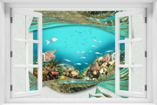 Fototapeta Naklejka Na Ścianę Okno 3D - Colorful coral reef with many fishes and sea turtle. Art design