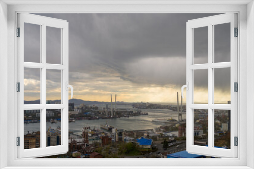 Fototapeta Naklejka Na Ścianę Okno 3D - Dark stormy clouds over city. Rain.