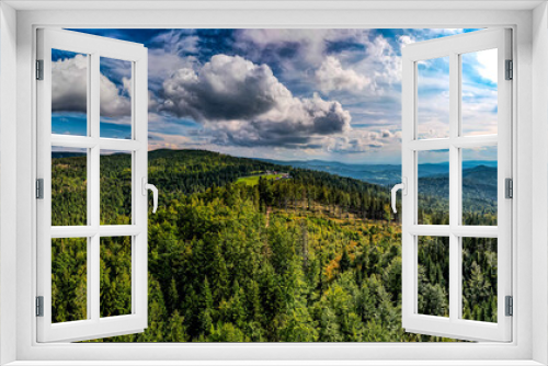 Fototapeta Naklejka Na Ścianę Okno 3D - góry, Beskid Śląski w Polsce, panorama z lotu ptaka latem w okolicach przełęczy Salmopol w Szczyrku