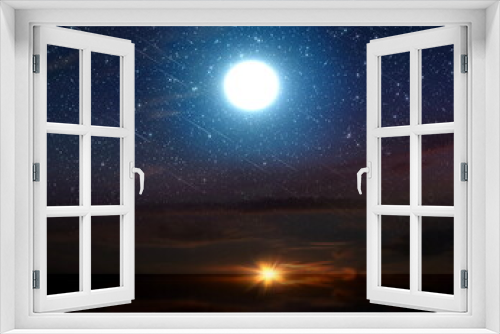 Fototapeta Naklejka Na Ścianę Okno 3D - bright moon on dark starry sky at sunset light flare galaxy banner