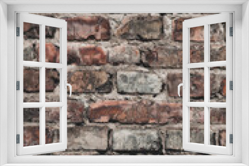 Fototapeta Naklejka Na Ścianę Okno 3D - Faded old red brick wall, wide rough vintage panoramic texture. Dirty wall with grunge rectangular blocks, close-up, grungy texture of blackened bricks
