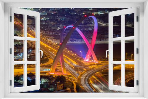 Fototapeta Naklejka Na Ścianę Okno 3D - Aerial view of Al Wahda Bridge The Tallest Monument of Doha City. known as 56 Bridge of Arch