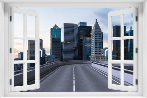 Fototapeta Naklejka Na Ścianę Okno 3D - Empty urban asphalt road exterior with city buildings background. New modern highway concrete construction. Concept way to success. Transportation logistic industry fast delivery. Seattle. USA.