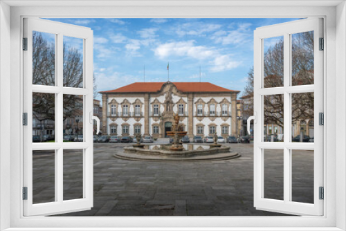 Fototapeta Naklejka Na Ścianę Okno 3D - Braga City Hall (Paços do Concelho) and Pelican Fountain - Braga, Portugal
