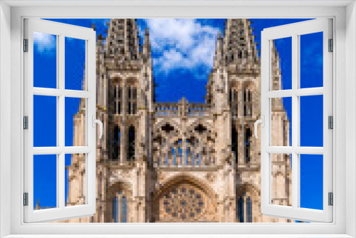 Burgos, Spain - August 8, 2022 - Façade of Burgos Cathedral