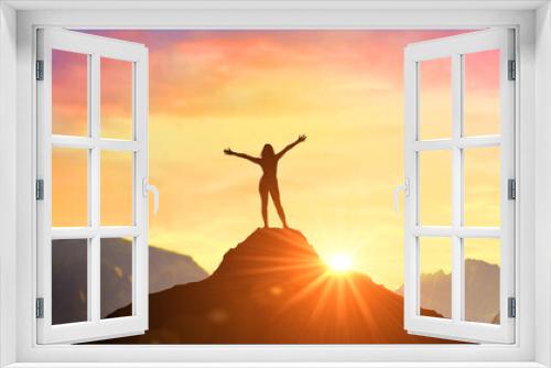 Fototapeta Naklejka Na Ścianę Okno 3D - Successful woman has achieving new peak of personal growth and development. Woman on mountain peak with open arms welcoming new day with sunrise. Success Business Leadership, Winner on top