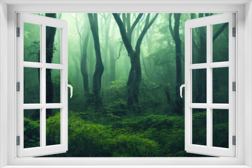 Fototapeta Naklejka Na Ścianę Okno 3D - lush green forest with fog