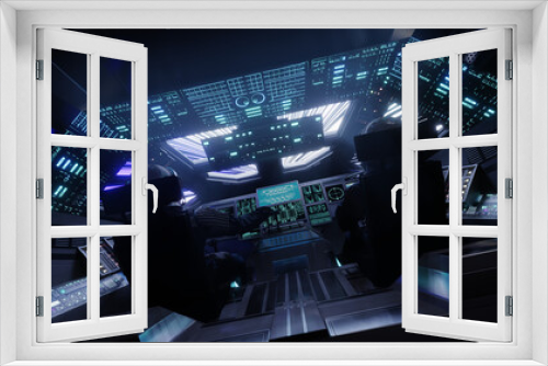 Fototapeta Naklejka Na Ścianę Okno 3D - Sci fi spaceship cockpit flying through space at lightspeed