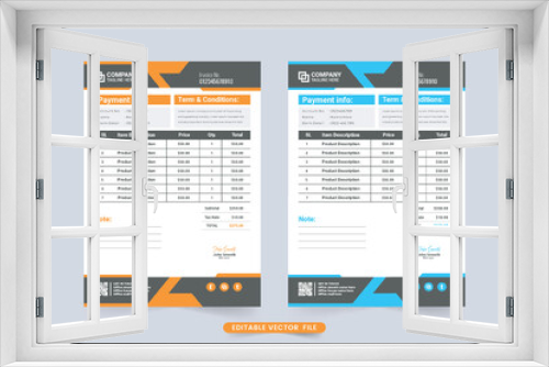 Professional business invoice design with abstract modern shapes. Corporate company purchase receipt and billing template vector with blue and orange colors. Print-ready minimal invoice design.